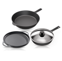 Cooklife 4-Piece Cast Iron Bundle 12" Griddle,12" Skillet, 10" Skillet with Lid