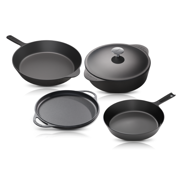 Cooklife 5-Piece Cast Iron Bundle 5.5 qt. Dutch Oven, 12" Griddle & Skillet, 10" Skillet